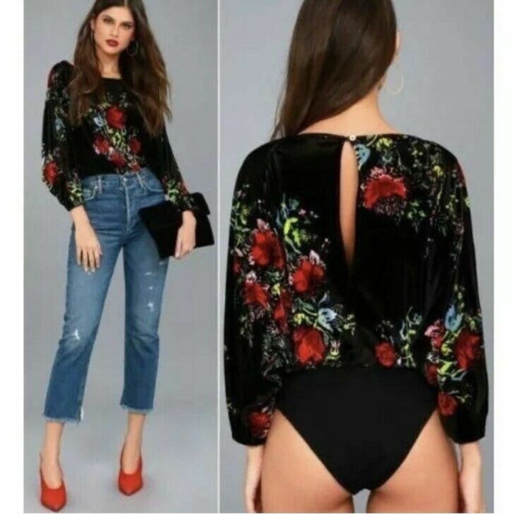 Free People Black Floral Velvet Bodysuit